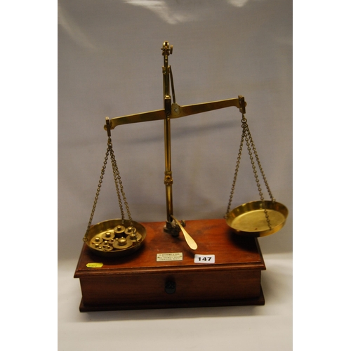 147 - SET OF BRASS TRAVEL BEAM SCALES & WEIGHTS IN MAHOGANY BOX BY C. STEVENS & SON, LONDON