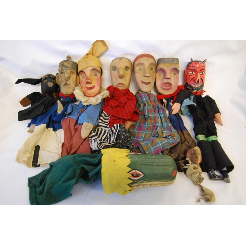 166 - 7 VINTAGE PAINTED CARVED WOOD PUNCH & JUDY GLOVE PUPPETS