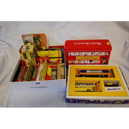 168 - 13 MODEL VEHICLES AND M & S DOUBLE DECKER BUS BISCUIT TIN