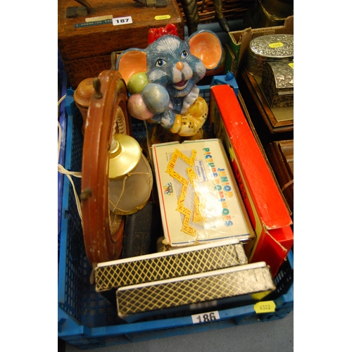 186 - RETRO SHIPS WHEEL TABLE LAMP, PLASTER MOUSE MONEY BOX, WOODEN WINDMILL, JUNIOR PICTURE DOMINOES, ETC