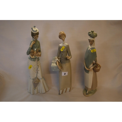 2 - 3 LLADRO PORCELAIN FIGURES: LADY WITH PEKINESE (37cm), LADY WITH BOX (35cm) & LADY WITH BASKET (36cm... 