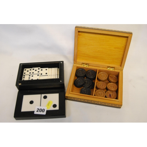 200 - DOMINO BOX AND DOMINOES & ITALIAN INLAID BOX WITH DRAUGHTS