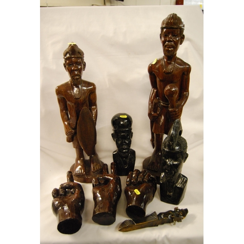 235 - 4 CARVED & LACQUERED AFRICAN FIGURES & 3 CARVED HAND SCULPTURES