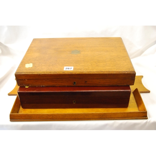 267 - 2 EMPTY CUTLERY BOXES AND ARTS & CRAFTS GALLERIED OAK TRAY