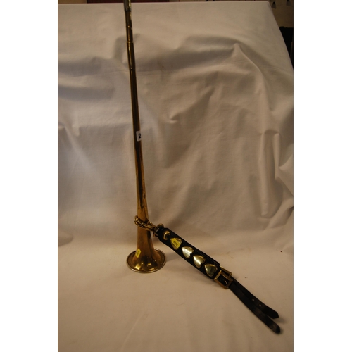 269 - 19TH CENTURY BRASS COACHING HORN & 2 MARTINGALES