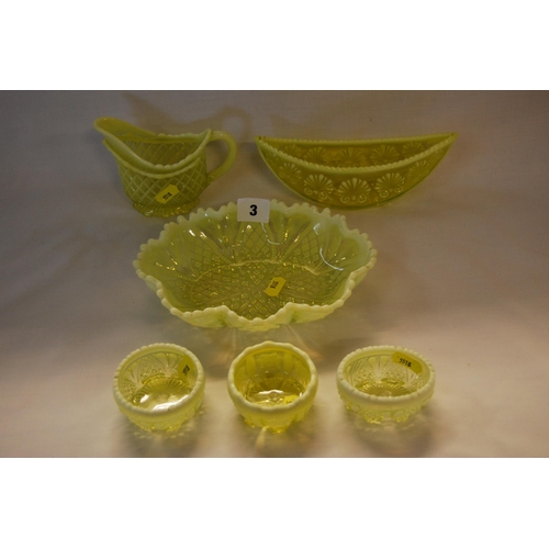 3 - 6 DAVIDSONS STYLE CUT & MOULDED YELLOW VASELINE GLASS ITEMS