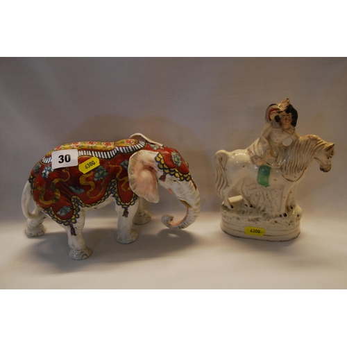 30 - HAND PAINTED PORCELAIN ELEPHANT & 19TH CENTURY STAFFORDSHIRE FLAT BACK FIGURE OF RIDER ON HORSE