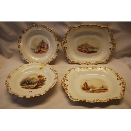 39 - 19TH CENTURY ROCKINGHAM PORCELAIN COMPORT, PLATE & 2 SERVING DISHES WITH HAND PAINTED PANELS DEPICTI... 