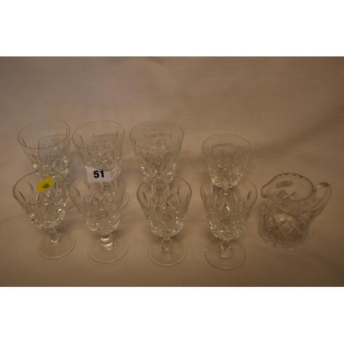 51 - 5 CUT GLASS SHERRY GLASSES, 3 WINE GLASSES & CREAM JUG