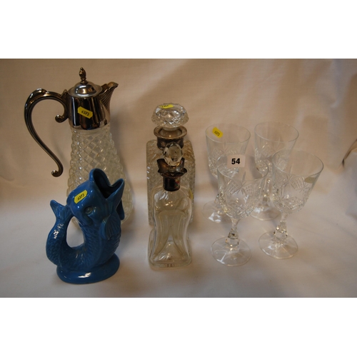 54 - 19TH CENTURY GLASS CLUCK CLUCK DECANTER WITH SILVER COLLAR, GLASS SPIRIT DECANTER WITH SILVER RIM, G... 