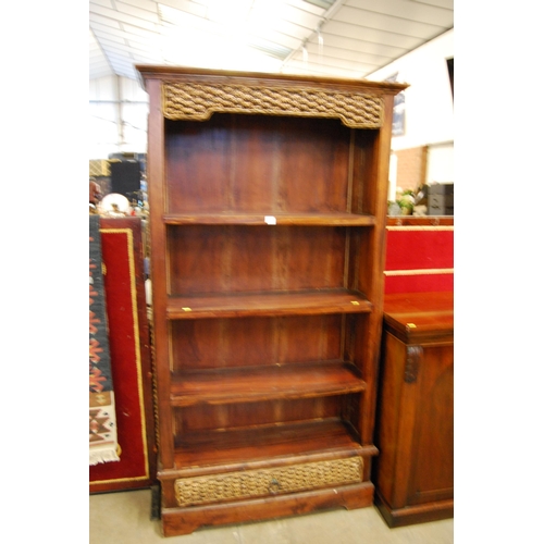 577 - MODERN HARDWOOD OPEN BOOKCASE WITH CANE WORK DRAWER & DECORATION (100cm x 36cm x 205cm)