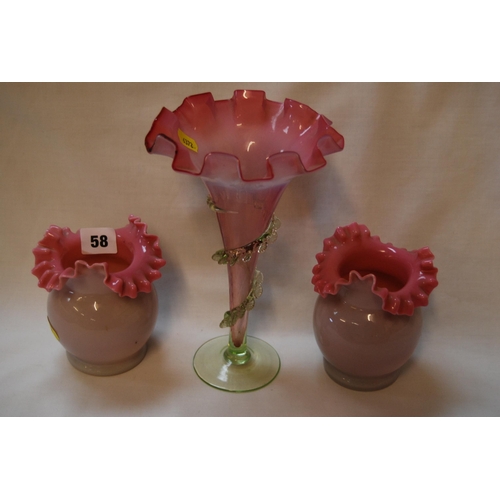 58 - 19TH CENTURY PINK VASELINE GLASS LUSTRE WITH SPIRAL PETAL DECORATION & PAIR OF PINK & GREY VASES