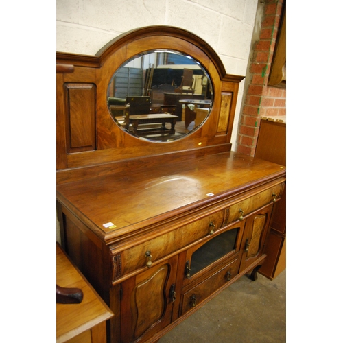 590 - ART NOUVEAU WALNUT MIRROR BACK SIDEBOARD 137CM X 51CM X 167CM