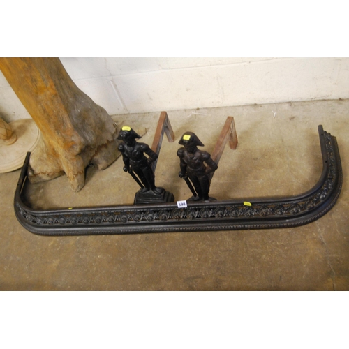 598 - VICTORIAN CAST & PIERCED IRON FIRE KERB AND PAIR OF DUKE OF WELLINGTON FIRE DOGS