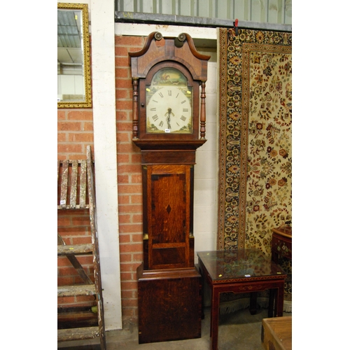 601 - EARLY 19TH CENTURY GRANDFATHER CLOCK WITH ARCH DIAL PAINTED HUNTING SCENES, IN OAK & MAHOGANY CASE, ... 