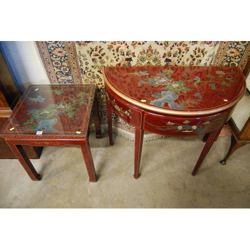 602 - BOW FRONTED RED LACQUERED SIDE TABLE FITTED DRAWER & MATCHING COFFEE TABLE, BOTH WITH CHINOISERIE DE... 