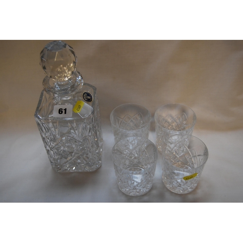 61 - CUT GLASS SPIRIT DECANTER & 4 WHISKY GLASSES