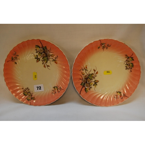 72 - PAIR OF MEISSEN PINK FLUTED PLATES DECORATED LEAVES & FLOWERS