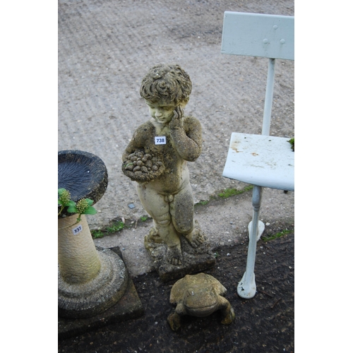 738 - STONEWARE FIGURE OF BOY WITH FRUIT BASKET & FIGURE OF FROG