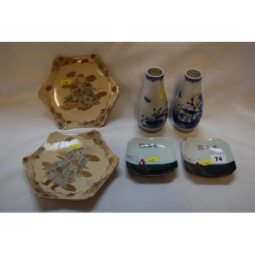 74 - PAIR OF JAPANESE SATSUMA HEXAGONAL DISHES, PAIR OF JAPANESE DISHES & PAIR OF BLUE & WHITE VASES