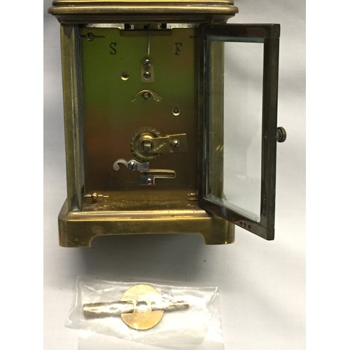 122 - EARLY 19TH CENTURY BRASS CARRIAGE CLOCK WITH BEVELLED GLASS PANELS & LEATHER CASE