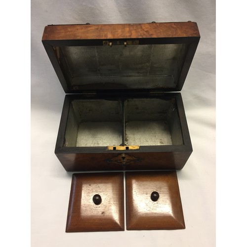 126 - VICTORIAN WALNUT DOME TOP 2 COMPARTMENT TEA CADDY WITH BRASS STRAPWORK DECORATION