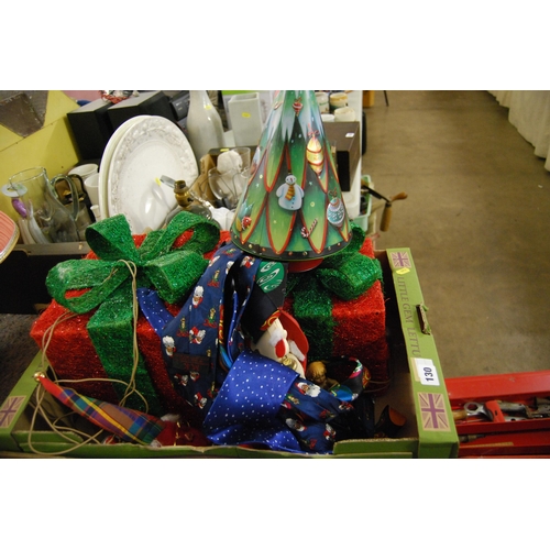 130 - BOX OF CHRISTMAS DECORATIONS & TIES