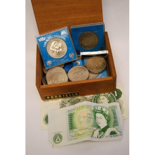 14 - QUANTITY OF CROWNS, COINS & TWO £1 NOTES