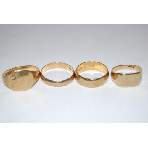 15 - FOUR 9ct GOLD RINGS (2 SIGNET & 2 WEDDING RINGS) 12.3gm