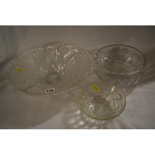 170 - CIRCULAR CUT GLASS COMPORT & 2 BOWLS