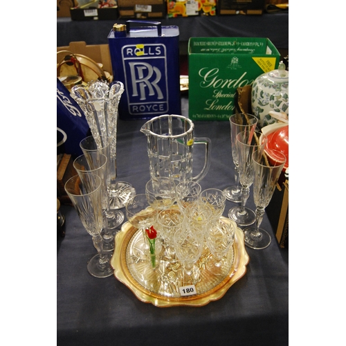 180 - SET OF 6 CHAMPAGNE FLUTES 6 SHERRY GLASES, TRAY, WATER JUG & VASE