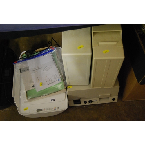 183 - HP PRINTER, PROJECTOR AND SLIDE BOXES