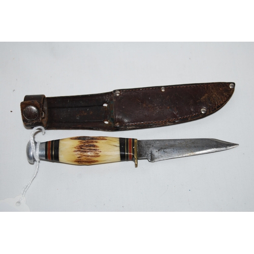 21 - SMALL ANTLER HAFTED SHEATH KNIFE IN SCABBARD