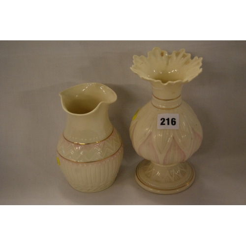 216 - TWO PINK BLUSH BELLEEK VASES