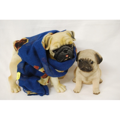 232 - PAIR OF RESIN PUGS & PUG PATERN SCARF