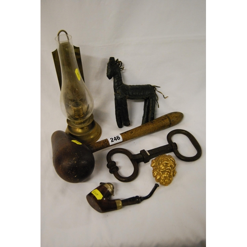 246 - CAST IRON BULL NOSE RING LEADER, PLUMBERS MALLET ETC, WALL LAMP & SMALL LEATHER HORSE