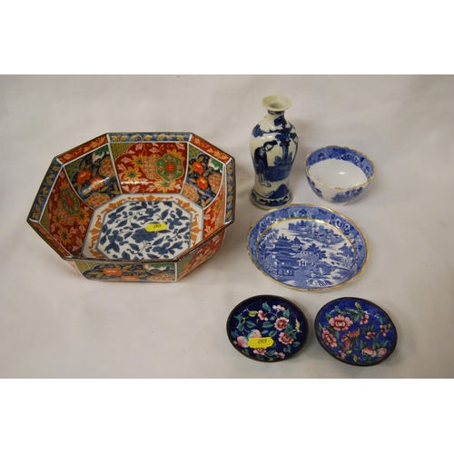 254 - ORIENTAL OCTAGONAL BOWL, BLUE & WHITE VASE, TEA BOWL, SAUCER, PAIR OF CLOISONNE DISHES (1 A/F)