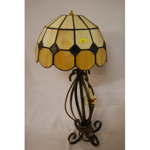 296 - WROUGHT IRON TABLE LAMP WITH TIFFANY STYLE SHADE