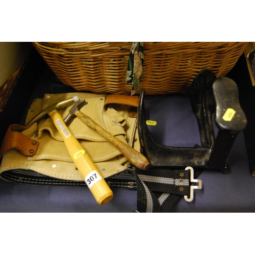 307 - TWO UPHOLSTERY HAMMERS, LEATHER TOOL BELT & SHOE LAST