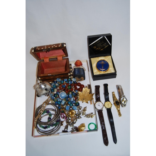 31 - 4 LADIES WRISTWATCHES, MINIATURE INDIAN DOME CHEST, JEWELLERY