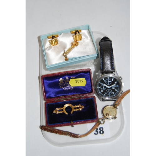 38 - 2 WRISTWATCHES, GOLD BROOCH (A/F), PAIR OF CUFFLINKS & TIE PIN