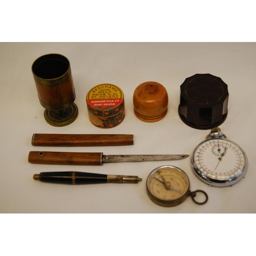 7 - 2 TREEN PILL BOXES, BAKELITE PILL BOX, COMPASS, BRASS & OAK VESTA HOLDER, STOP WATCH (A/F)