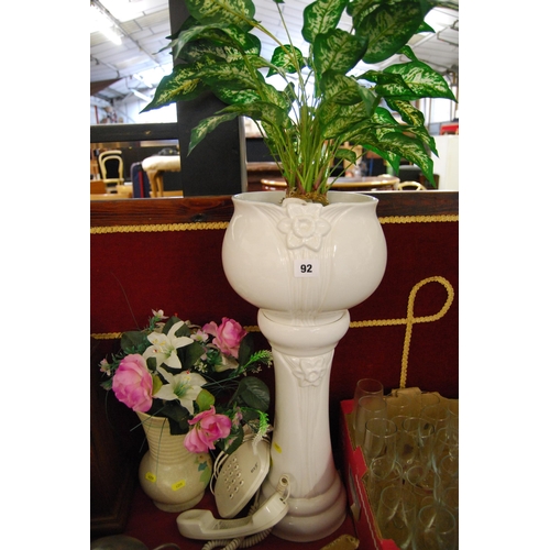 92 - WHITE JARDINIERE ON STAND, JUG & TELEPHONE