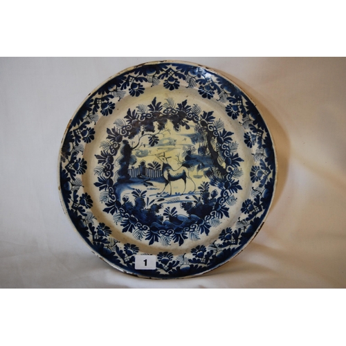 1 - GEORGE III ENGLISH BLUE & WHITE CHINOISERIE DECORATED BOWL WITH CENTRE PANEL HAND PAINTED WITH DEER ... 