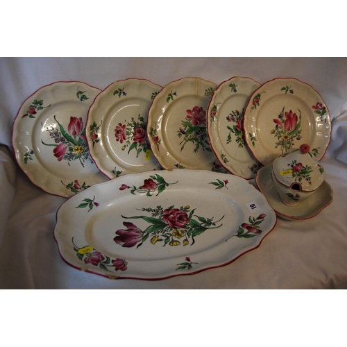 10 - 19TH CENTURY LUNEVILLE FAIENCE PART DINNER SERVICE COMPRISING 5 PLATES, TUREEN & MEAT PLATE (SOME CH... 