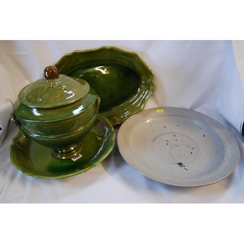 100 - MODERN CIRCULAR STONEWARE BOWL (38cm) AND FRENCH GREEN GLAZED BOWL (32cm), SOUP TUREEN & MEAT PLATE