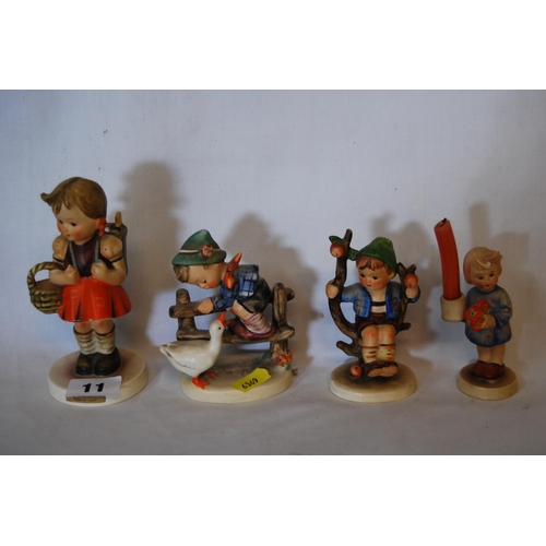 11 - FOUR HUMMEL GOEBEL FIGURES: BOY ON BRANCH, FARMYARD HERO, SCHOOL GIRL & BOY CANDLE HOLDER (SMALL CHI... 