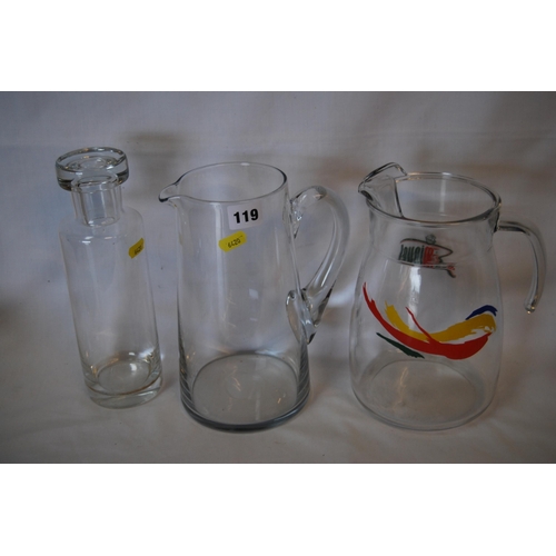 119 - MODERN GLASS DECANTER & 2 JUGS