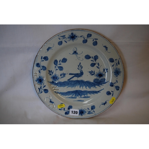 120 - 18TH CENTURY TIN GLAZED SHALLOW DISH DECORATED BIRDS, FLOWERS & INSECTS (30cm)