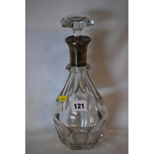 121 - BACCARAT CUT CRYSTAL DECANTER WITH SILVER COLLAR AND HEXAGONAL STOPPER